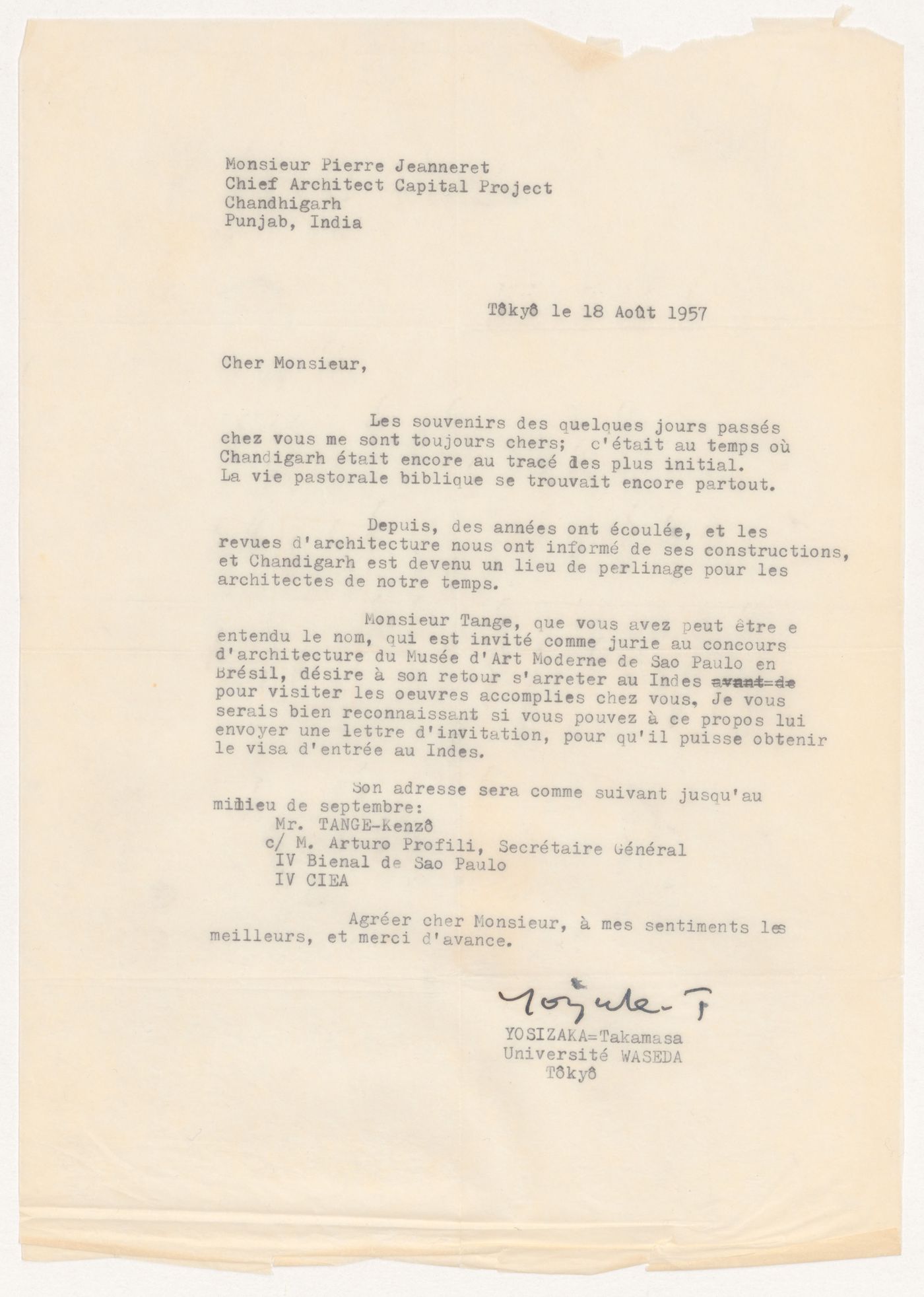 Letter from Takamasa Yosizaka to Pierre Jeanneret