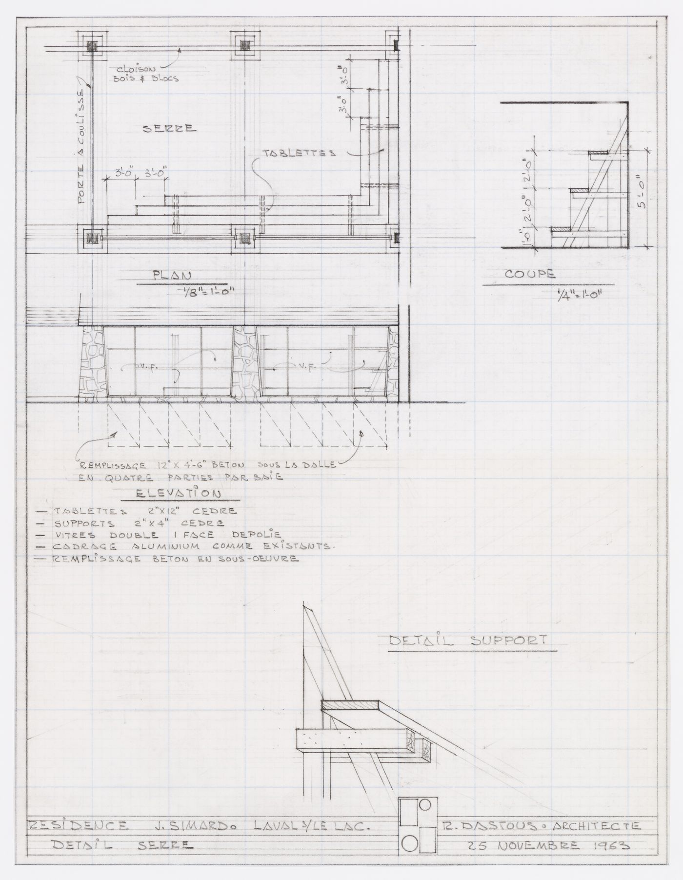 Plan, élévation et coupe de la serre pour Résidence Jean Simard, Laval-sur-le-Lac, Québec