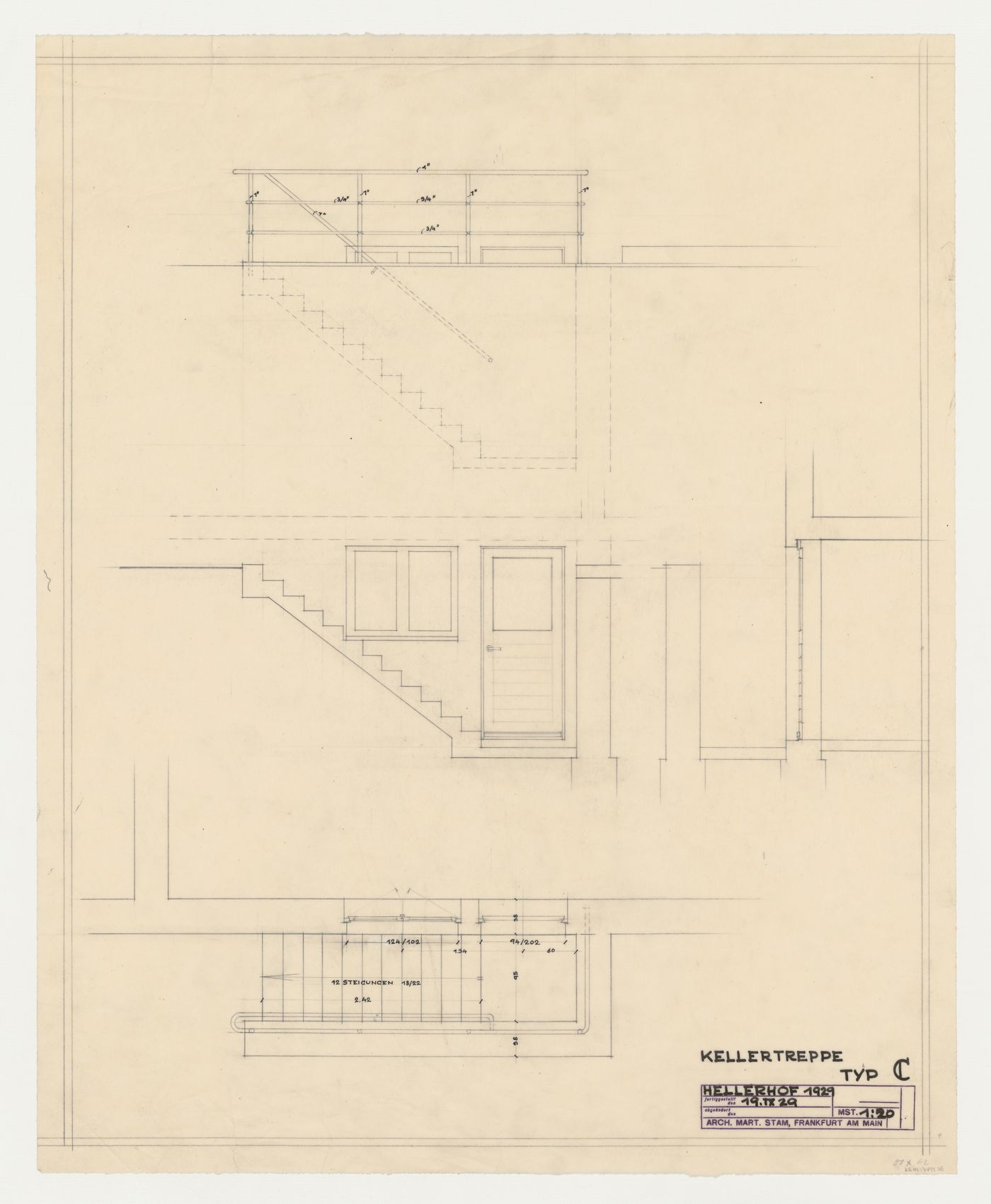 Plan, section, and elevation for a basement staircase for a type C housing unit, Hellerhof Housing Estate, Frankfurt am Main, Germany
