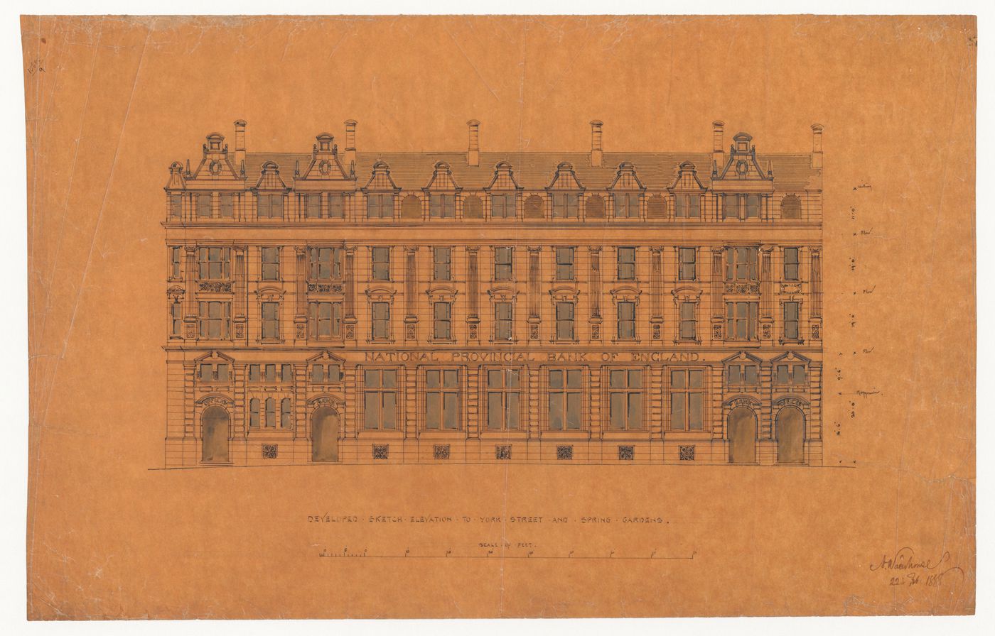 National Provincial Bank of England, Manchester: Developed sketch elevations to York Street and Spring Gardens