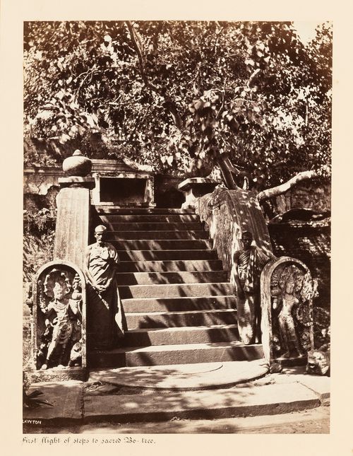 View of a staircase leading to the first terrace of the Bodhi Tree (also known as the Bo Tree) Enclosure, Anuradhapura, Ceylon (now Sri Lanka)