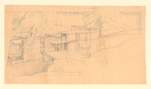 Preliminary perspective sketch for Fallingwater, Bear Run, Pennsylvania, as seen from the hill above, showing oblique view of north elevation