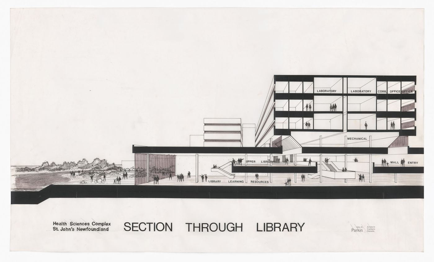 Section through library for Memorial University of Newfoundland, Health Sciences Complex, St. Johns, Newfoundland