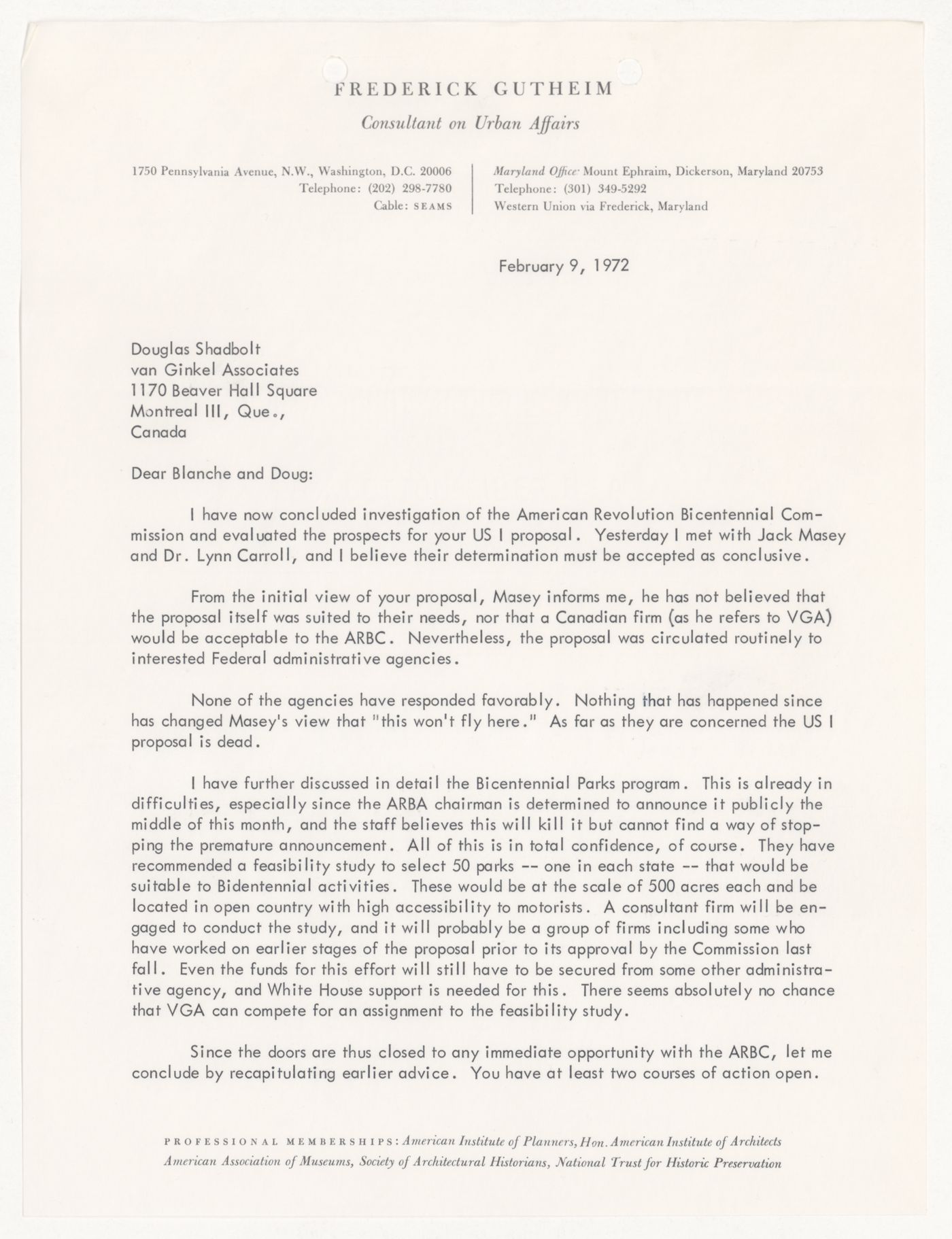 Letter from Frederick Gutheim to Blanche Lemco van Ginkel and Douglas Shadbolt for United States One (U.S. 1)