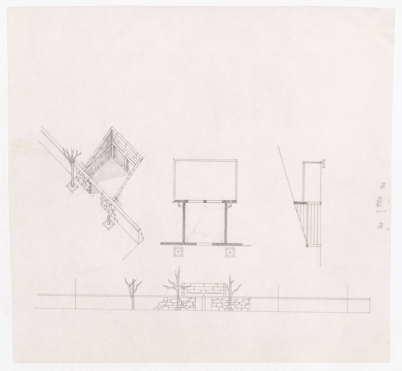 Elevations, plan, and axonometric view for Casa Ana Costa, Quinta de S. Ovídio, Lousada, Portugal