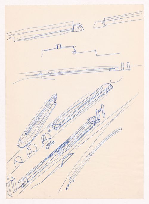 Sketch axonometric views and elevation for Mercado da Ribeira, Porto, Portugal