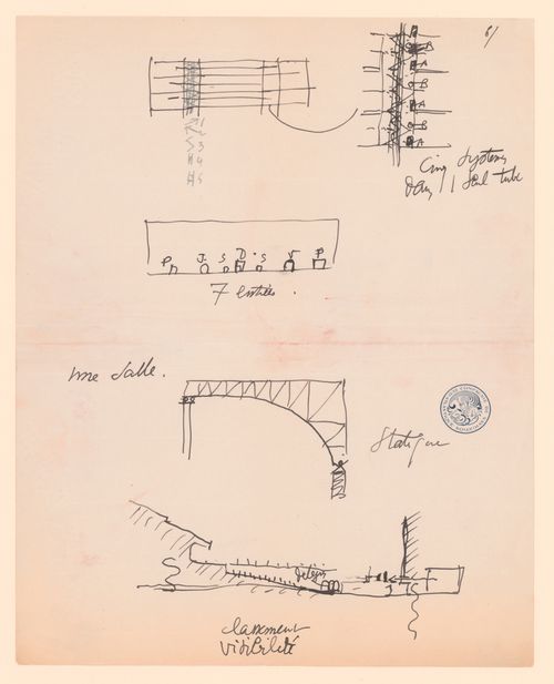 Diagramatic concept studies of the staircore, entrance, pilons, truss, and amphitheatre for the Assembly Hall of the Palace of the League of Nations competition, Geneva, Switzerland