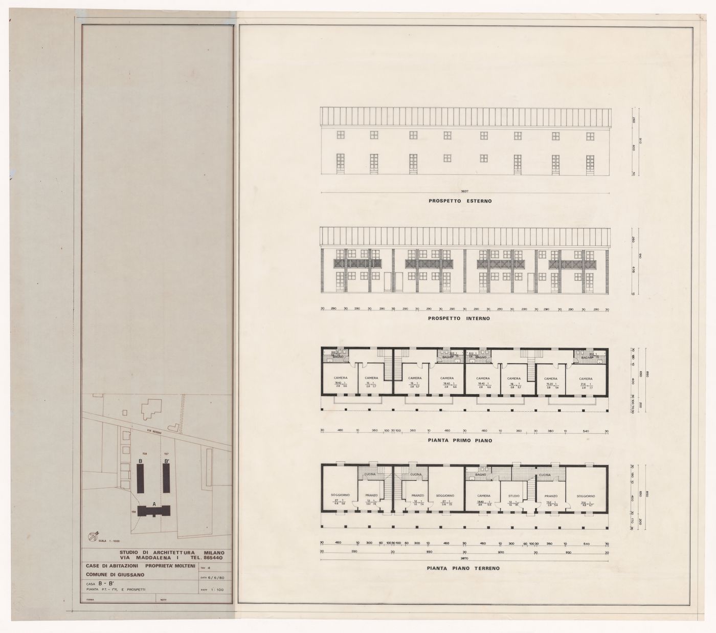 Plans, elevations, and site plan for Case di abitazioni sulla proprietà Molteni, Giussano, Italy