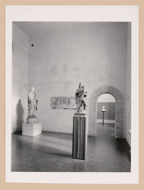 Interior view of the Sala dei Gagini showing sculptures with the Sala di F. Laurana in the right background, Palazzo Abatellis, Galleria regionale della Sicilia, Palermo, Italy