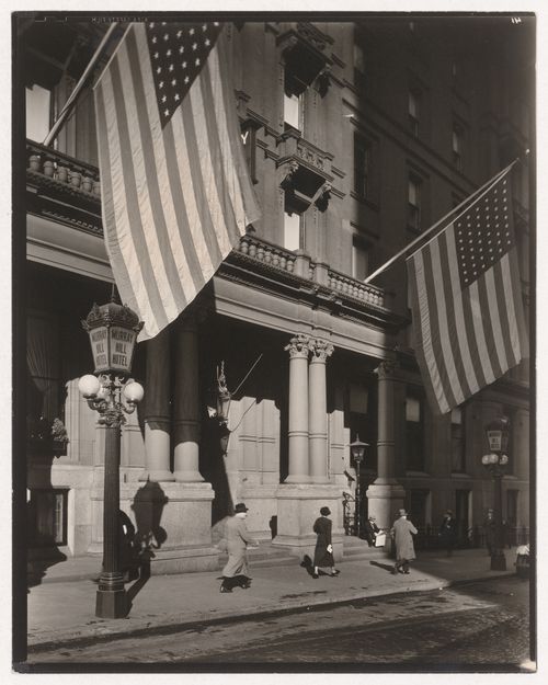 112 Park Avenue Murray Hill Hotel street scene with two American flags flying, New York City, New York