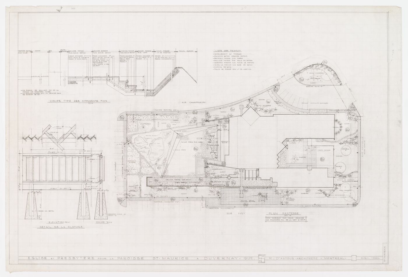 Église et presbytère pour la paroisse Saint-Maurice, Duvernay, Québec: plan du parterre, détail de la clôture et coupe type des différents finis