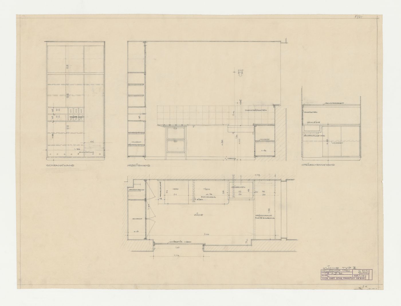 Plan and elevations for a type E kitchen, Hellerhof Housing Estate, Frankfurt am Main, Germany