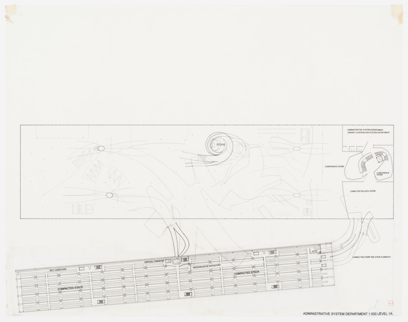 Level 1A  plan: administration system department, scale 1:500, Kansai-Kan of the National Diet Library, Seika, Japan