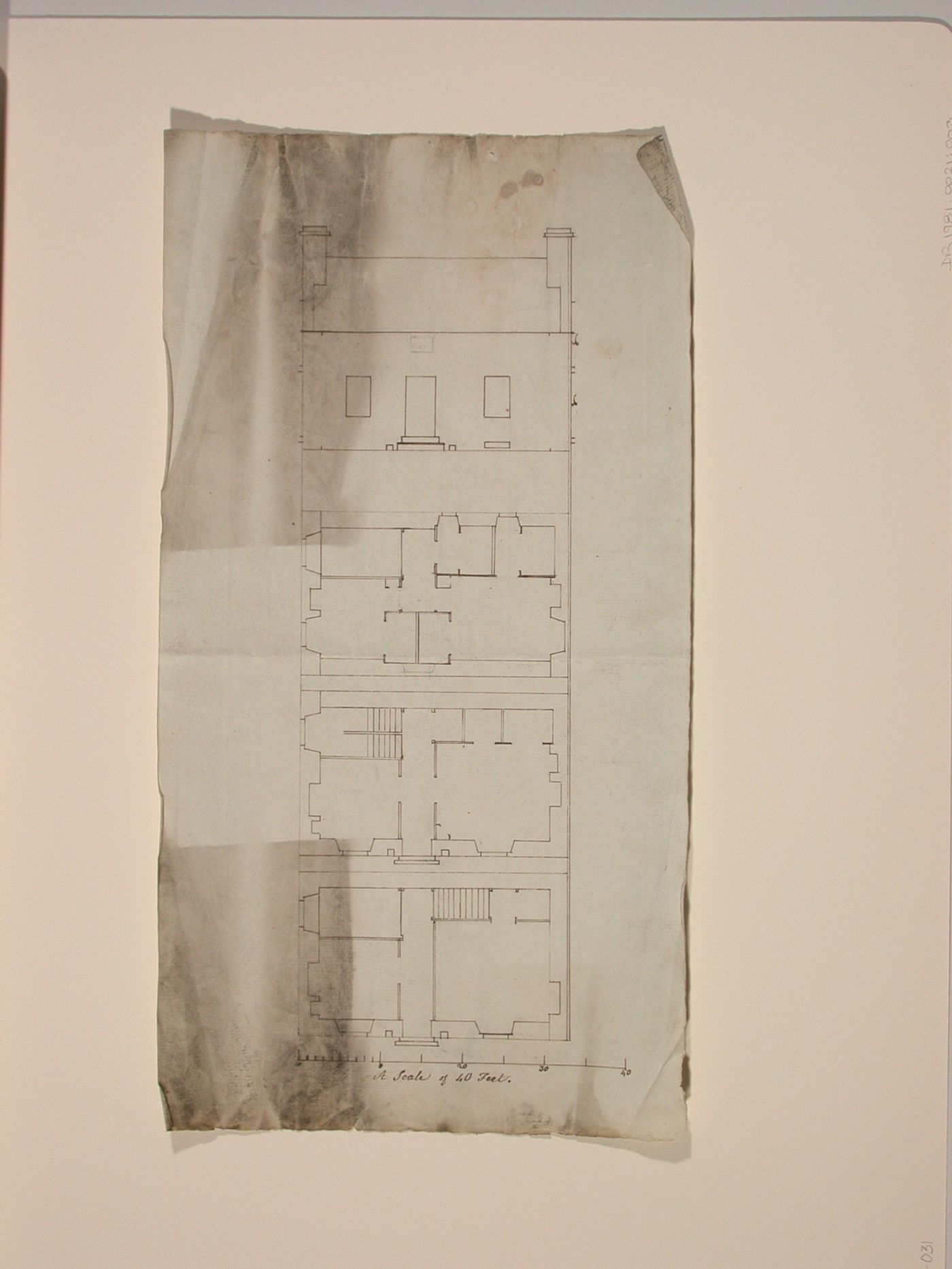 Basement, ground and first floor plans and elevation for a house