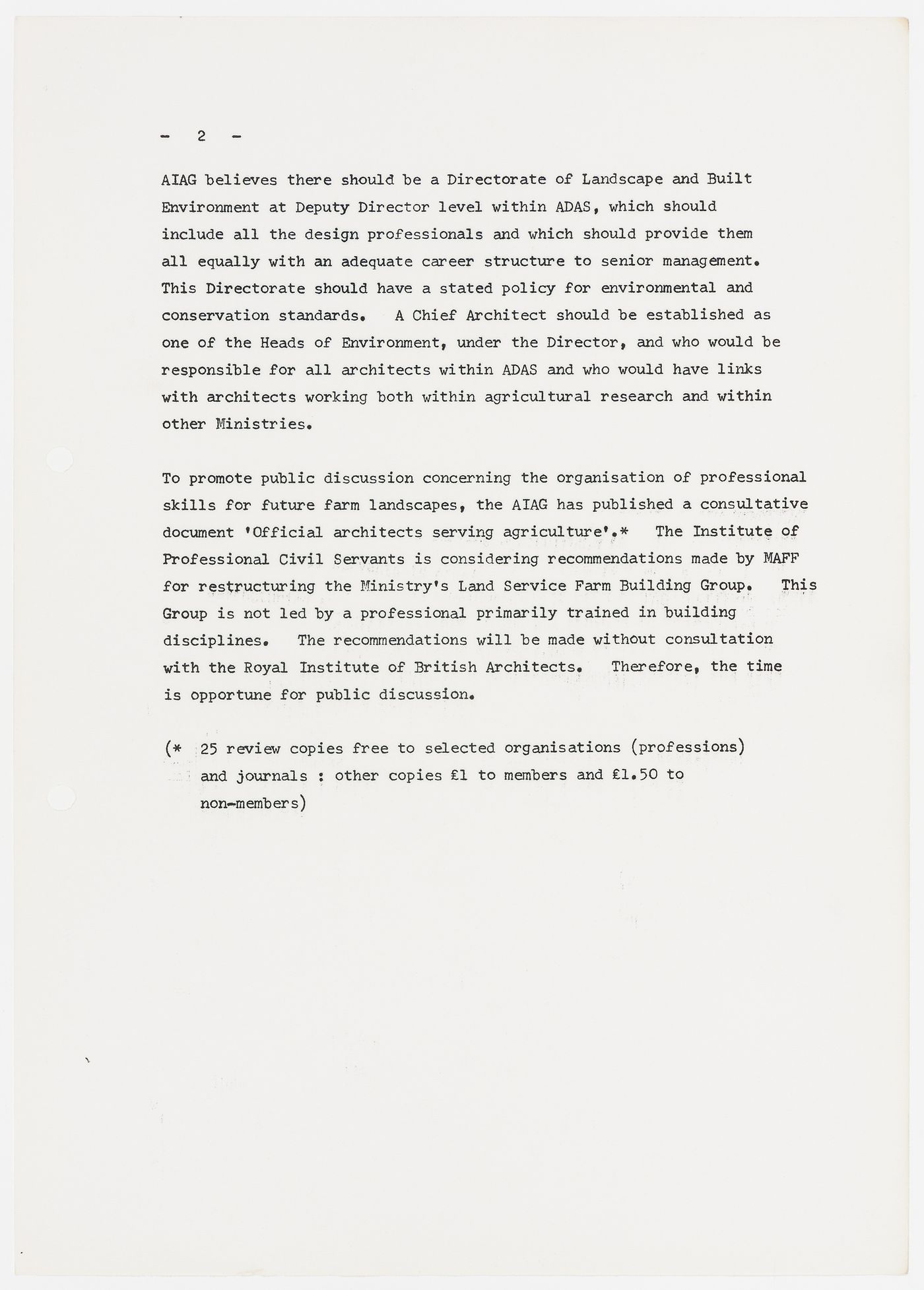 Press release about Farm landscape and professional skills issued by the Architects in Agriculture Group (sheet 2 of 2) (document from the Westpen project records)