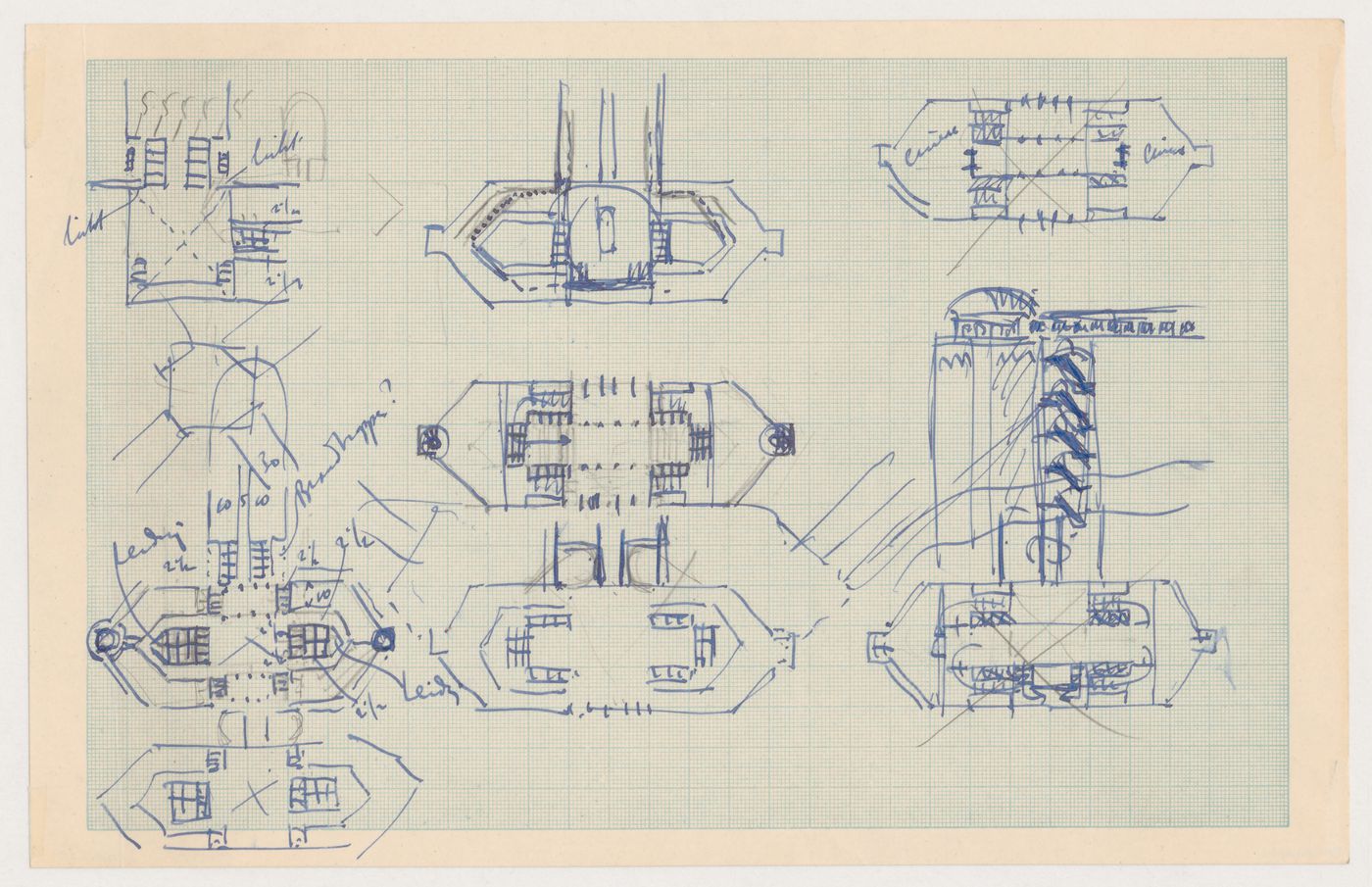 Sketch plans and partial sketch elevation for Industriegebouw Plan A for the reconstruction of the Hofplein (city centre), Rotterdam, Netherlands