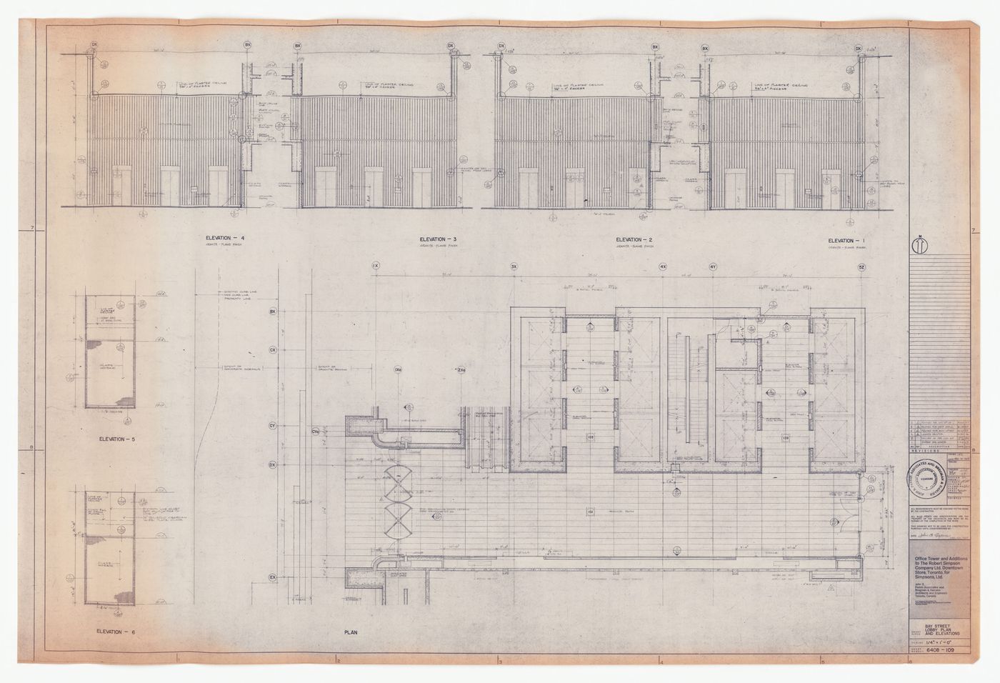 Bay Street lobby plan and elevations for construction for The Robert Simpson Company Limited Downtown Store, Office Tower and Additions, Toronto