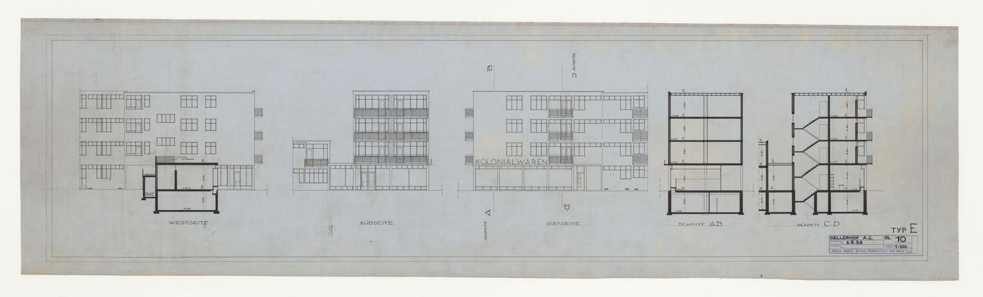 West, south, and east elevations, and sections for a type E housing unit, Hellerhof Housing Estate, Frankfurt am Main, Germany