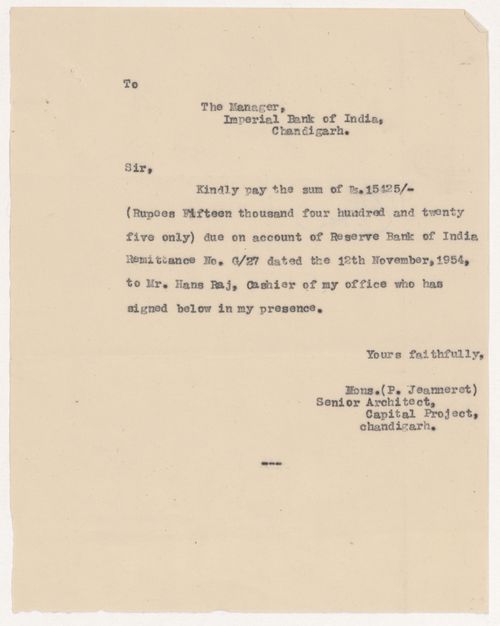 Letter from Pierre Jeanneret to the manager of the Imperial Bank of India, in Chandigarh, India