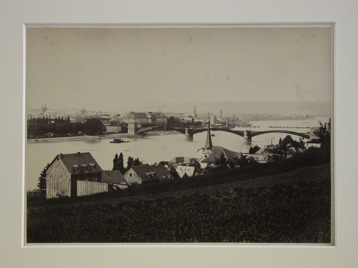 Distant view of city from across river, with bridge, Koblenz, Germany