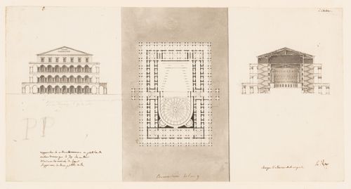 1800 Grand Prix Competition: Esquisse showing plan, elevations, and section for an École nationale des beaux-arts; verso: 1801 Concours d'essai: Plan, elevation, and section for a theatre