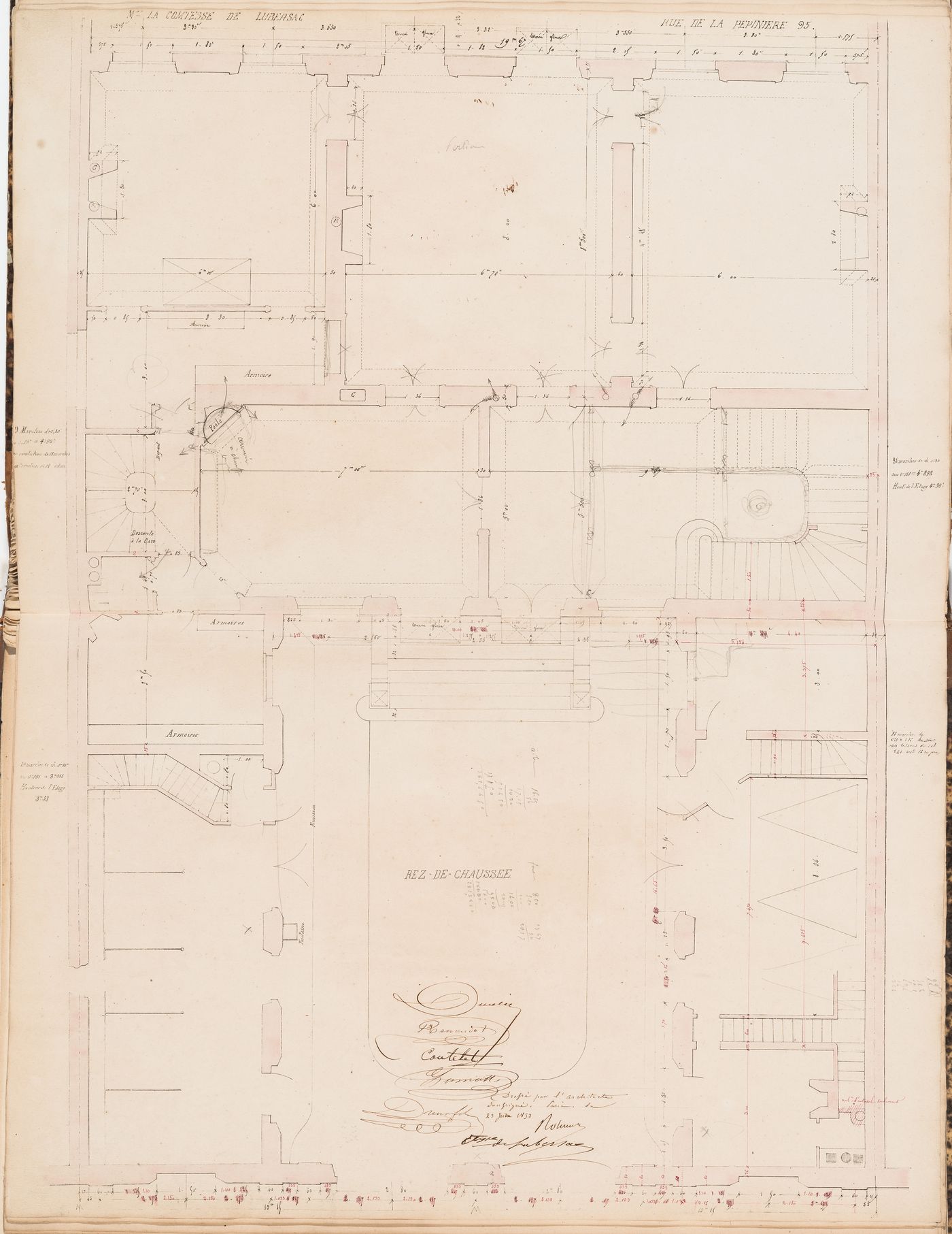 Contract drawing for a house for Madame la comtesse de Lubersac, 95 rue de la Pépinière, Paris: Ground floor plan