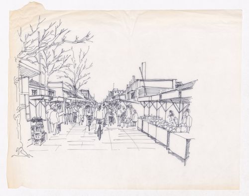 Sketch of a street view with inhabitants possibly for one of the Sichuan housing project "Housing a Billion" publications
