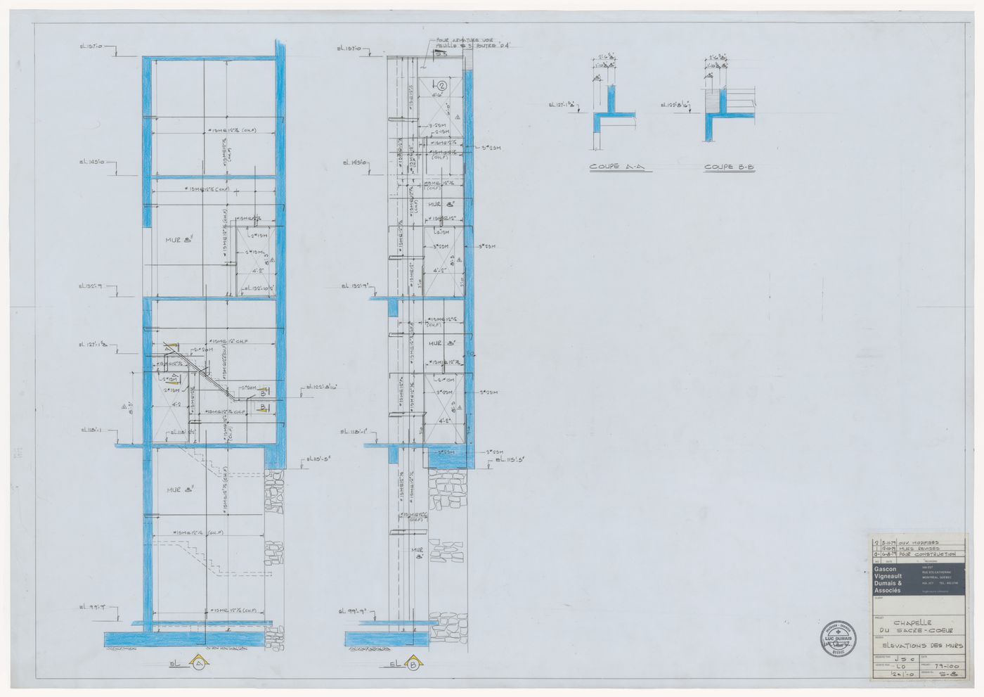 Elevations and sections for walls for the reconstruction of the Chapelle du Sacré-Coeur, Notre-Dame de Montréal