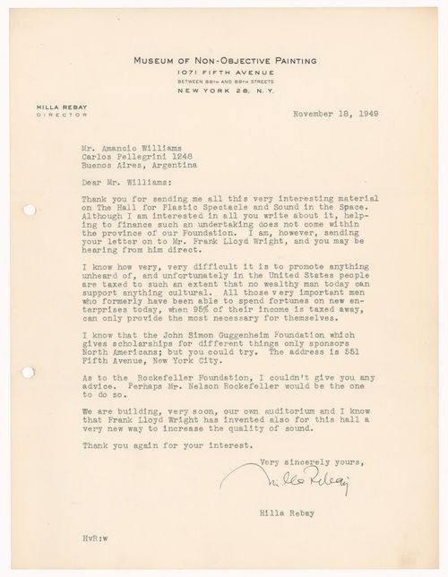 Correspondence, letter to Amancio Williams from Hilla Rebay
