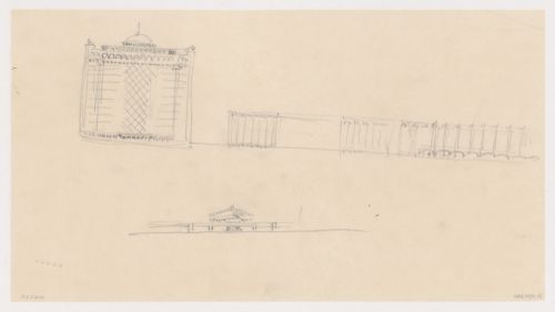 Sketch street elevation for the reconstruction of the Hofplein (city centre) showing Industriegebouw Plan A and other mixed-use developments and sketch elevation for Café Viaduct, Rotterdam, Netherlands