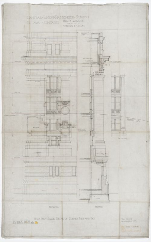 Detail of corner pier and bay for Central Union Passenger Station, Ottawa, Ontario