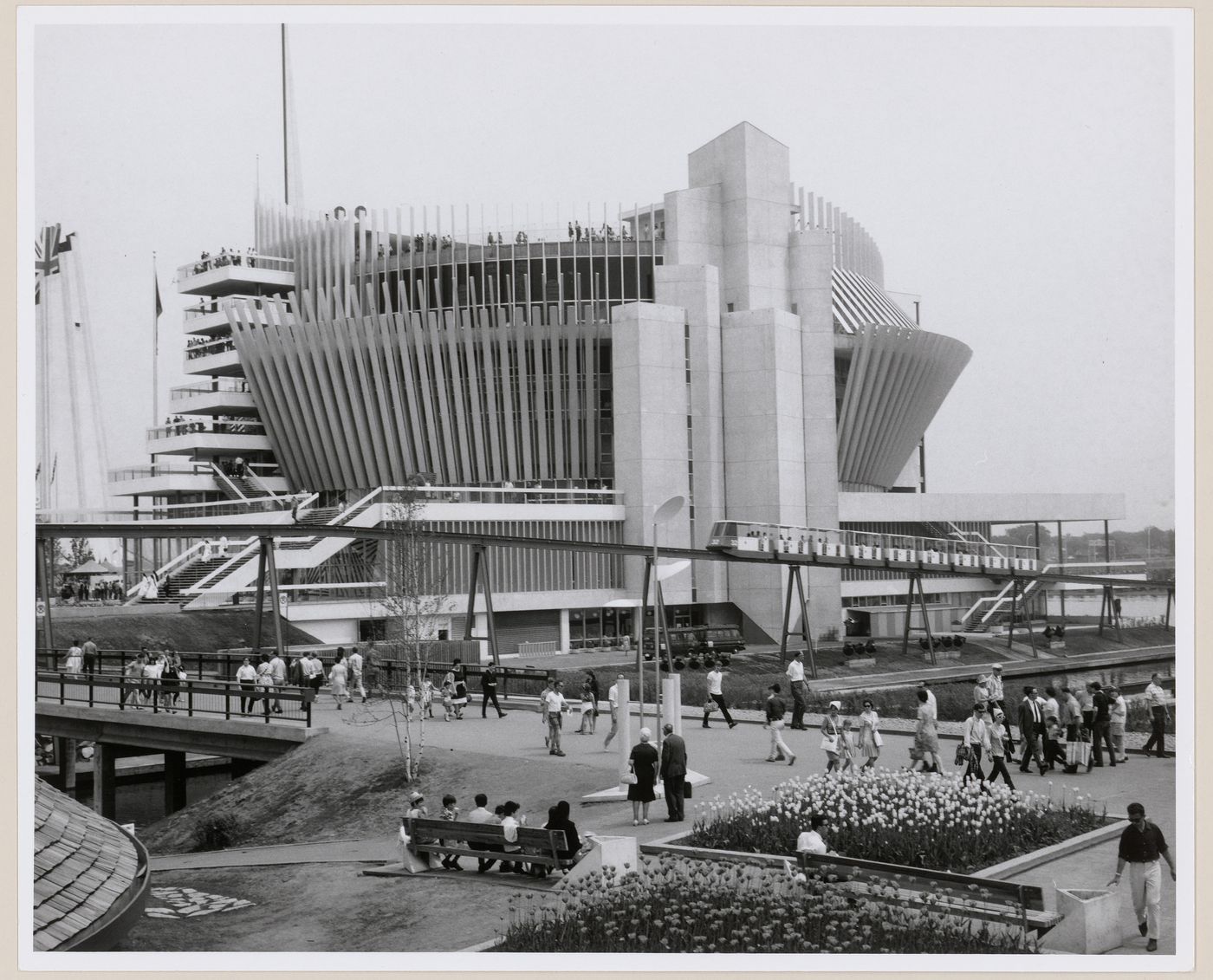 View of the Pavilion of France with the minirail, Expo 67, Montréal, Québec