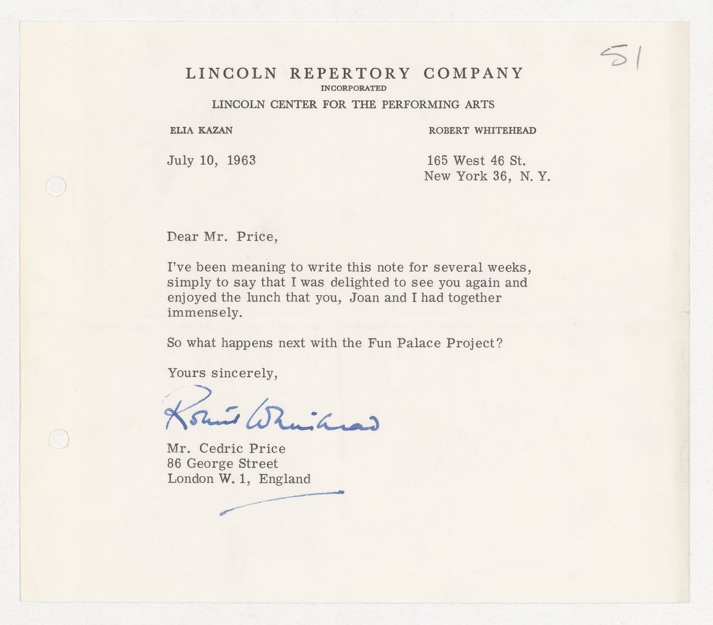 Letter from Robert Whitehead from the Lincoln Repertory Company to Cedric Price regarding the Fun Palace Project