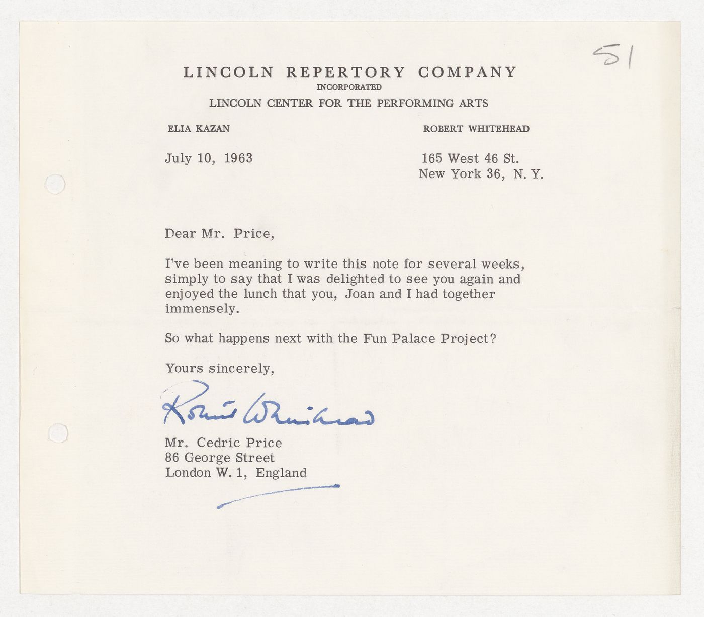 Letter from Robert Whitehead from the Lincoln Repertory Company to Cedric Price regarding the Fun Palace Project