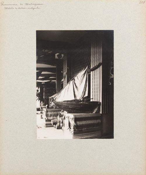 View of model of Malagasy sailboat, Pavillon de Madagascar, Exposition universelle, 1900, Paris, France