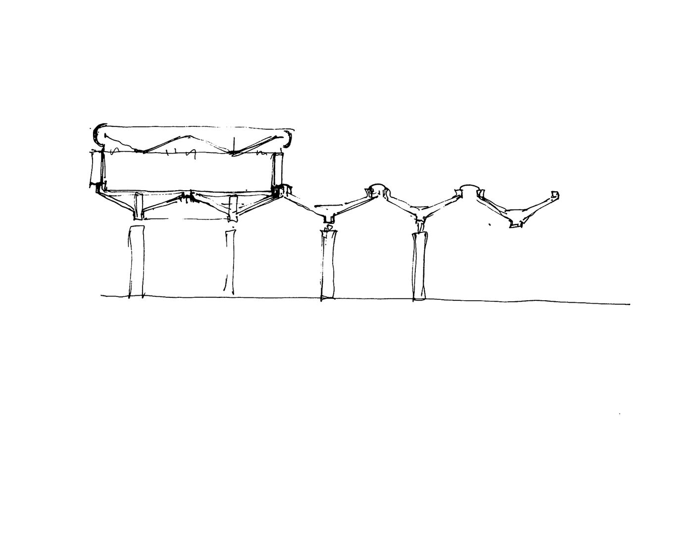 General Motors Advanced Concepts Center, Malibu, California: Elevation study of inverted V-shaped roof with skylights at apex, and canopy