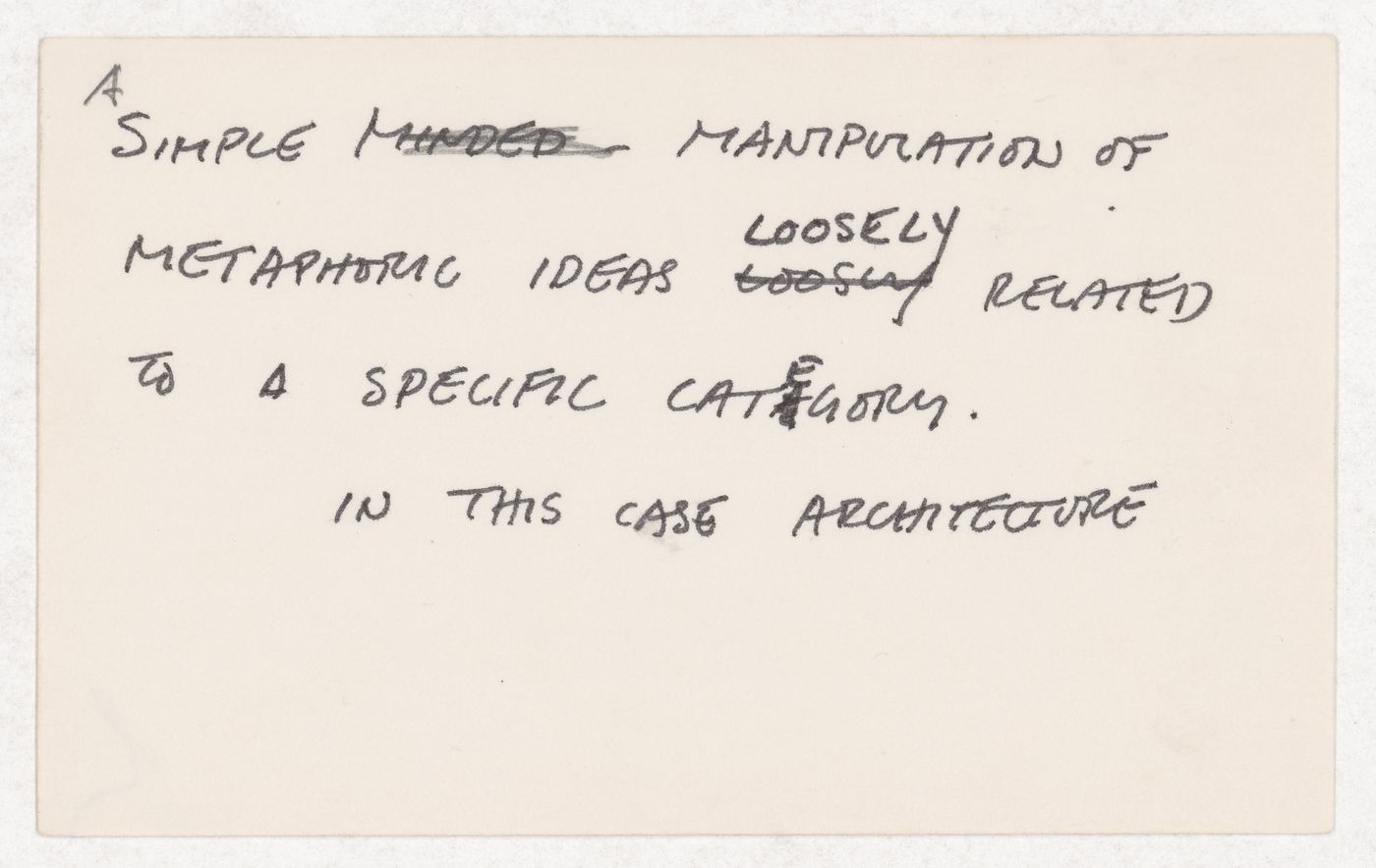 A simple manipulation of metaphoric ideas loosely related to a specific category. In this case architecture