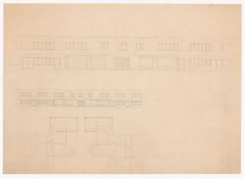 Plans and elevations for the central unit and warehouse for industrial row houses, Hoek van Holland, Netherlands