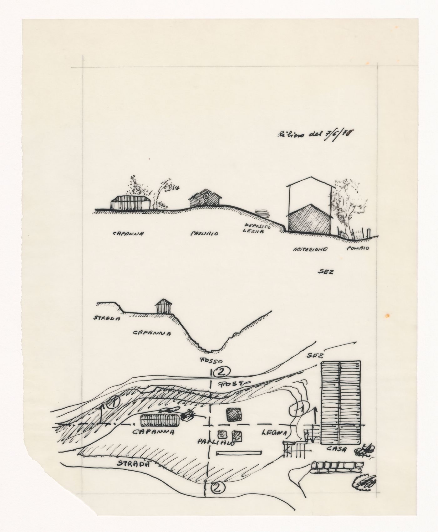 Elevations and site plan for Zeno, une cultura autosufficiente [Zeno, a self-sufficient culture]