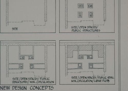 Plans showing design concepts for site with open spaces, public structures, and circulation for the Aranya Housing Project, Indore, India