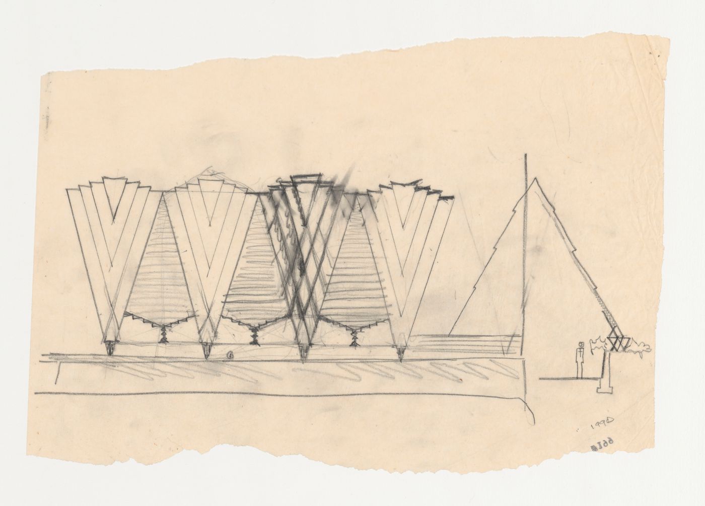 Sketch elevation and section for a chapel roof canopy based on the Wayfarers' Chapel design