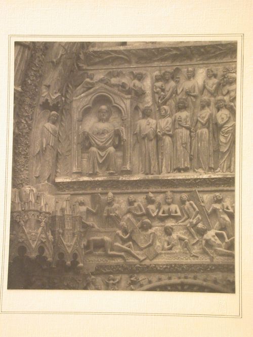 Cathedral of St. Etienne, West Front, Detail of Sculptural frieze depicting The Last Judgment above door, Bourges, France