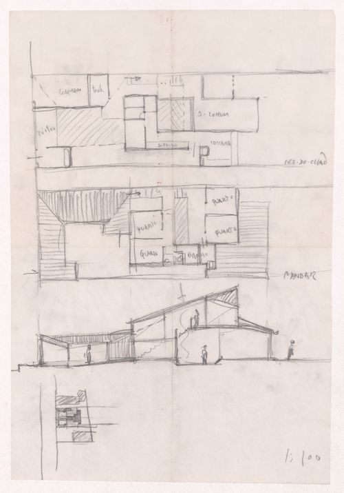 Sketch floor plans and section for Habitação Dr. Júlio Gesta, Matosinhos, Portugal