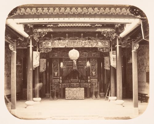 Interior view of a temple showing an altar, Padang, Sumatra, Dutch East Indies (now Indonesia)
