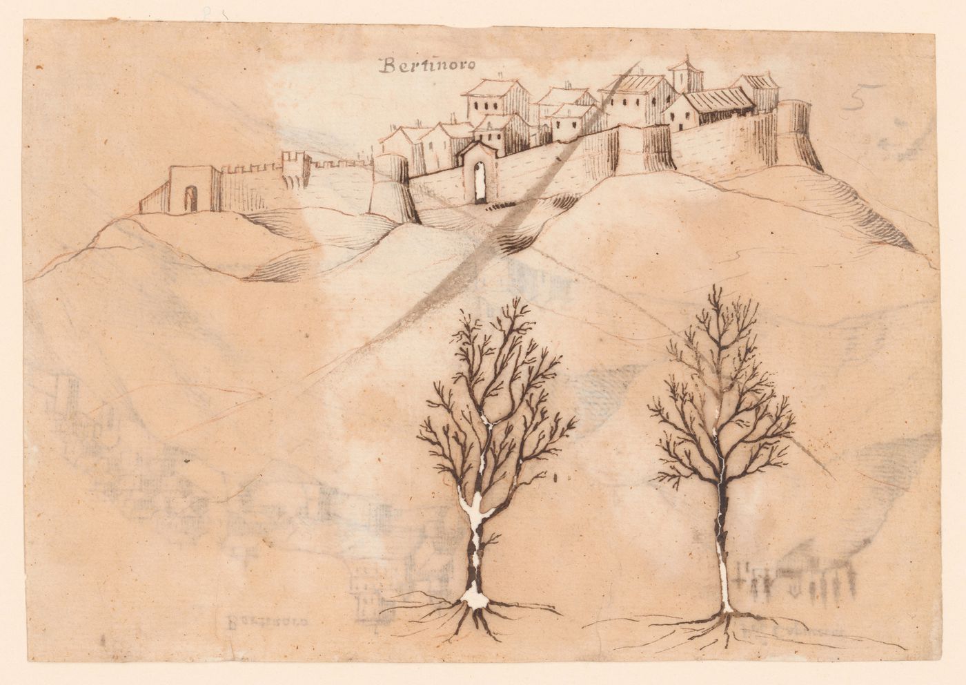 View of the Rocca Vescovile, Bertinoro, with two trees sketched below; verso: View of the Rocca Vescovile and the Prioria Capuccini, Bertinoro
