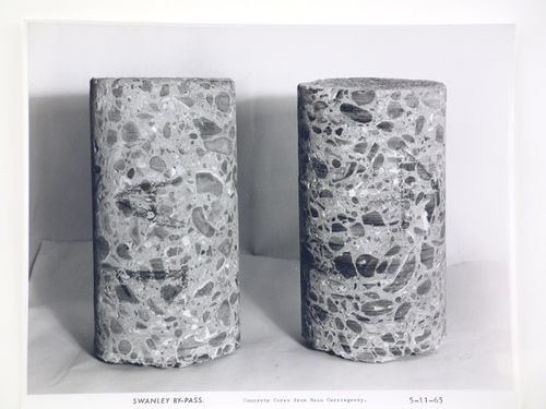 Studio view of concrete cores from main carriageway of the Swanley Bypass, England