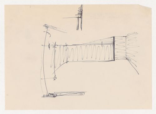 Interior perspective sketch for an auditorium and sketch, possibly a partial plan for the Metallurgy Building, Illinois Institute of Technology, Chicago