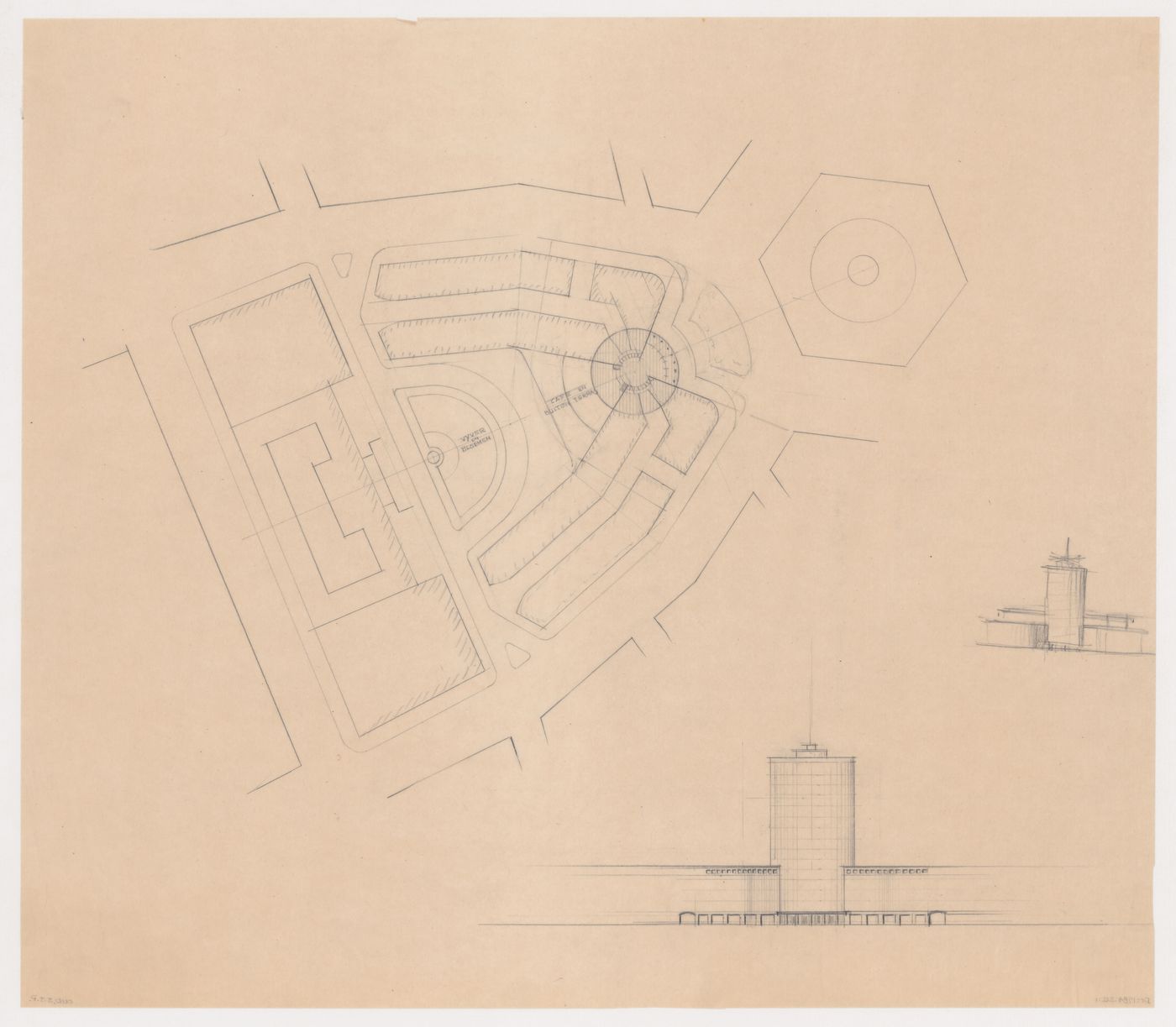 Site plan for the reconstruction of the Hofplein (city centre) showing Industriegebouw Plan B and monument plaza and an elevation and sketch elevation for Industriegebouw Plan B, Rotterdam, Netherlands