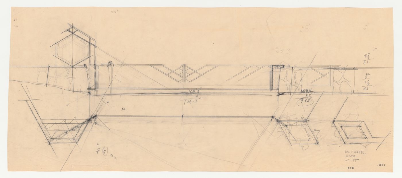 Wayfarers' Chapel, Palos Verdes, California: Elevation and plan for the entrance gate and sign