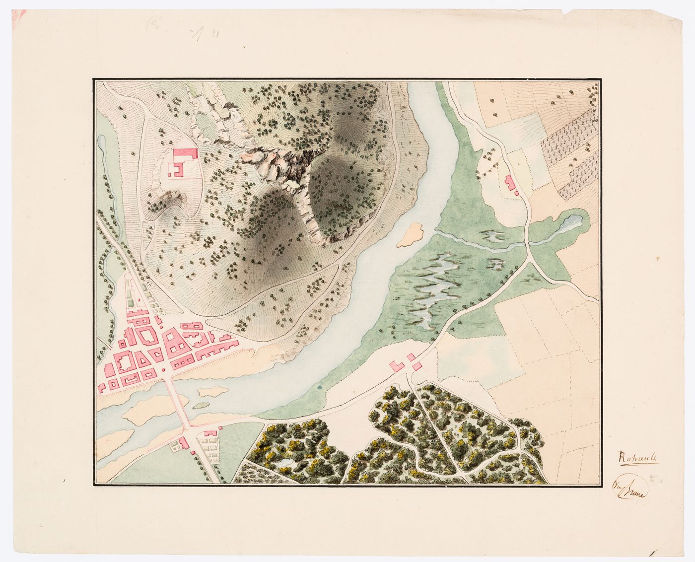 Plan of an unidentified town on a river including a bird's-eye view of the surrounding landscape